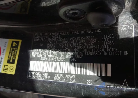 2012 Toyota Highlander Base V6 из США, поврежденный, VIN 5TDBK3EHXCS153120